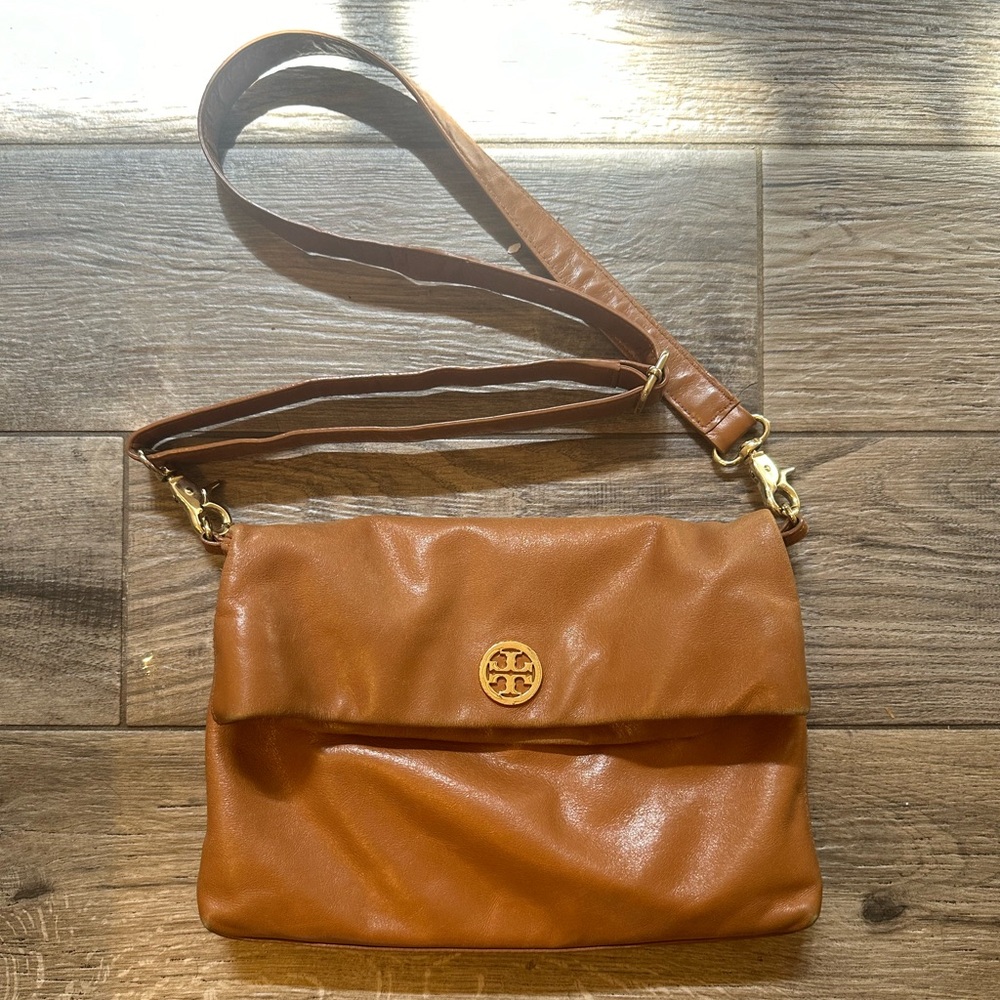 Tory Burch cognac leather fold over crossbody bag